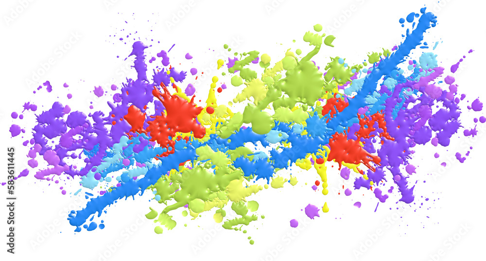 A realistic and abstract collection of 3D paint splatters and drips in vibrant colors on a transparent vector background. Perfect for illustration, design, art, isolated element set, texture, drawing
