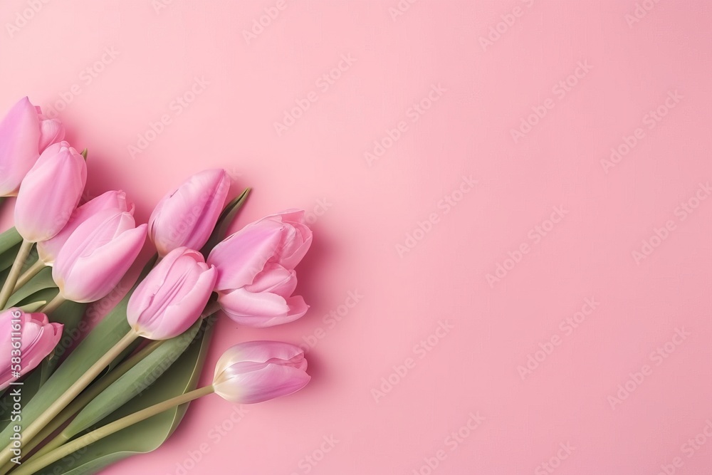 Spring wallpaper of beautiful pink tulips on pink background with copy space. Concept: The arrival of the sprintime. Generative ai