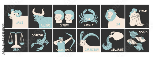 Zodiac signs. Minimalistic vector illustration on a black background. Ideal for the design of the astological horoscope.