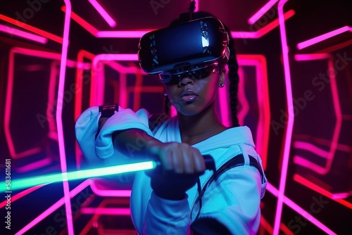 Black female gamer and streamer with a laser sword and virtual reality glasses playing video games in a futuristic gaming room training for the esports. Generative ai