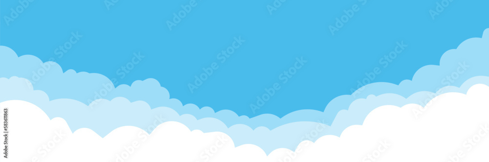 Blue sky with white clouds background. Cloud border. Simple cartoon design. Flat style vector illustration.
