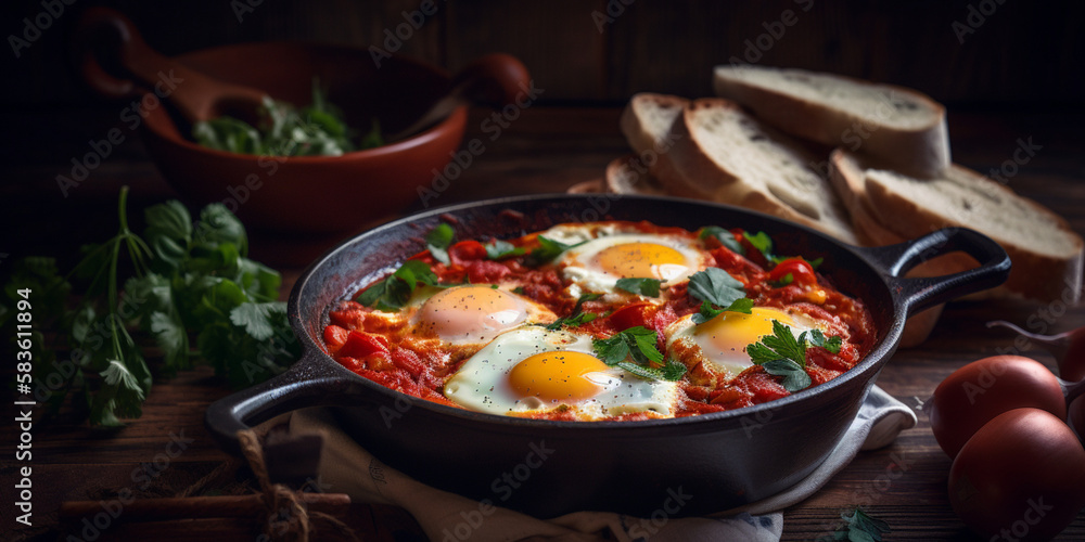 A bowl of shakshuka, poached eggs in a spicy tomato sauce with bell pepper and onion generated by AI A bowl of shakshuka, poached eggs in a spicy tomato sauce with bell pepper and onion generated by AI