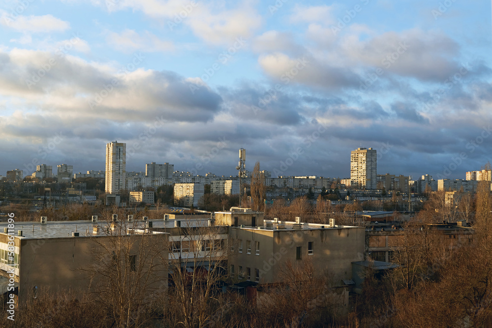 Morning landscape with a panorama of the big city