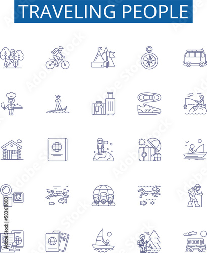 Traveling people line icons signs set. Design collection of Travellers, Voyagers, explorers, globetrotters, wanderers, vagabonds, wayfarers, nomads outline concept vector illustrations