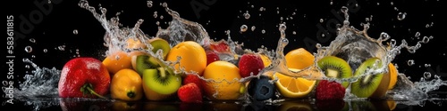 Fresh fruits and water splashes on black panoramic background. Generative AI