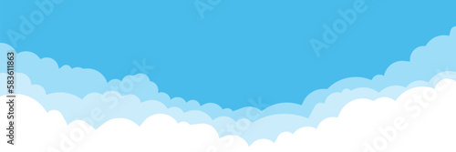 Blue sky with white clouds background. Cloud border. Simple cartoon design. Flat style vector illustration.
