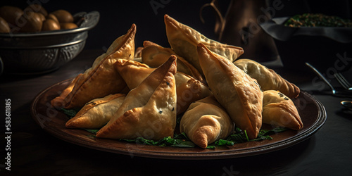 A plate of fatayer, triangle-shaped baked pastry filled with cheese, spinach, or meat generated by AI