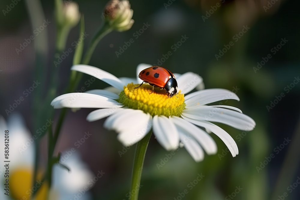 Obraz premium A close up of a ladybug on top of a chamomile flower. Concept: The springtime is here. Generative ai.