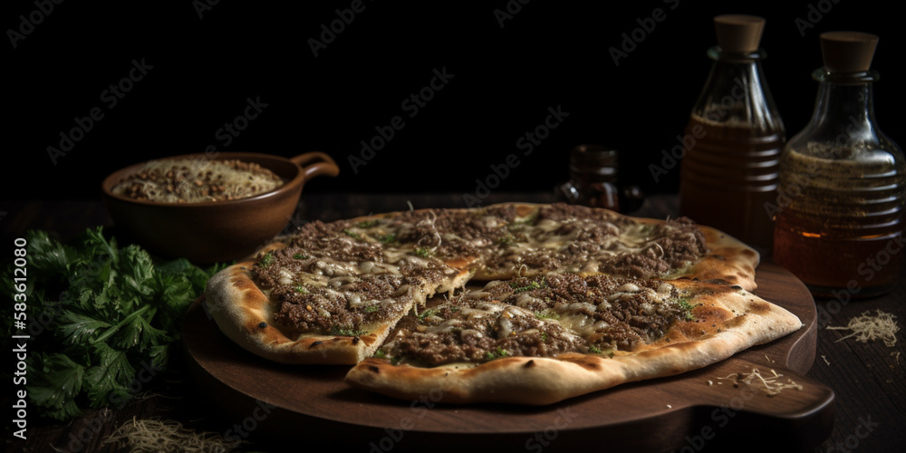 A plate of manakish, flatbread topped with za'atar, cheese, or meat generated by AI A plate of manakish, flatbread topped with za'atar, cheese, or meat generated by AI