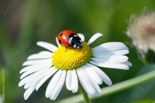 A close up of a ladybug on top of a chamomile flower. Concept: The springtime is here. Generative ai.
