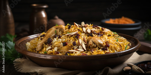 A plate of chicken biryani, an Arab dish of rice with chicken, spices, and almonds generated by AI