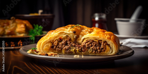 A plate of sfiha, baked pastry with minced meat and onion filling generated by AI photo