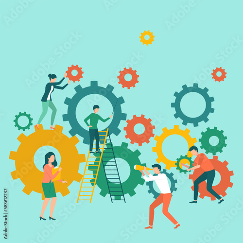 Solution solving problem, services to grow business or creativity idea and innovation help, business success, leadership, successful teamwork, businessman on ladder sets gear with great decision