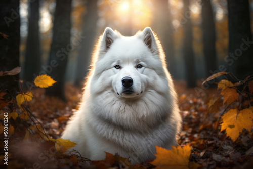 Samoyed dog in autumn forest. Beautiful white dog portrait. Ai generative illustration.