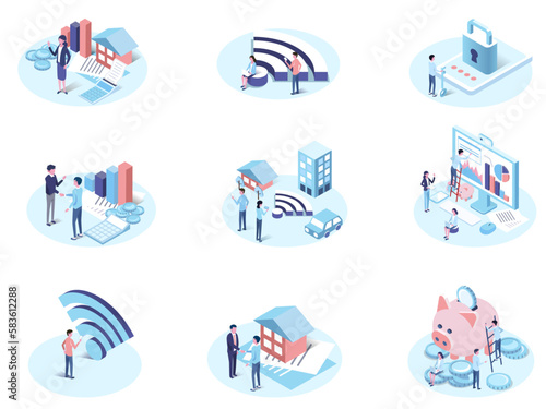 isometric  illust set of technology ,wifi,online ,money and business