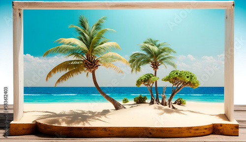 empty wooden table top product display showcase stage with tropical summer beach background