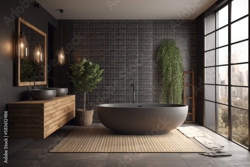 Interior of a bathroom with a bathtub on a wooden platform, side view, accessory rack, and backlight. Empty wall copy space tiled flooring, a modern, minimalist aesthetic,. Generative AI © 2rogan