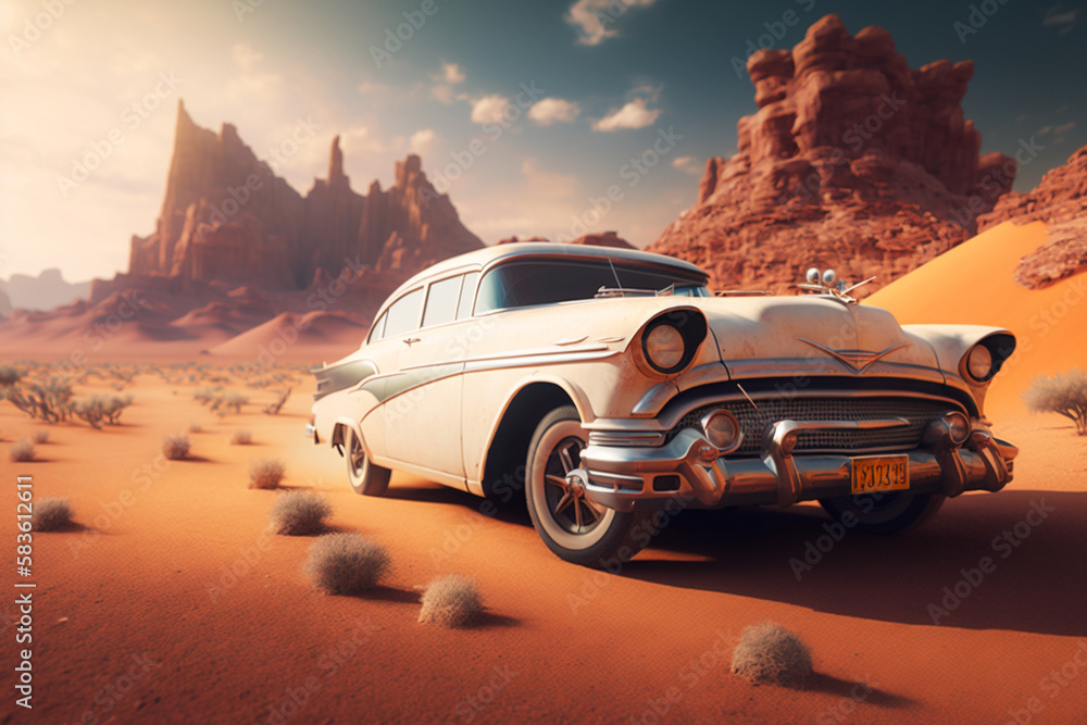 Retro, vintage car in the desert, AI generated