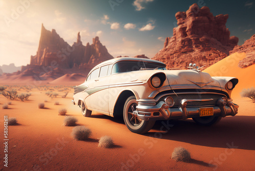 Retro, vintage car in the desert, AI generated