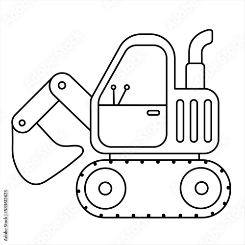 Excavator Coloring Page. Construction Vehicle Coloring Book For Children. Cartoon Truck Vector Illustration. Icon Style With Black Outline. Logo Design.