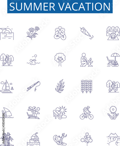 Summer vacation line icons signs set. Design collection of Holiday, Vacation, Sun, Beach, Fun, Heat, BBQ, Travel outline concept vector illustrations