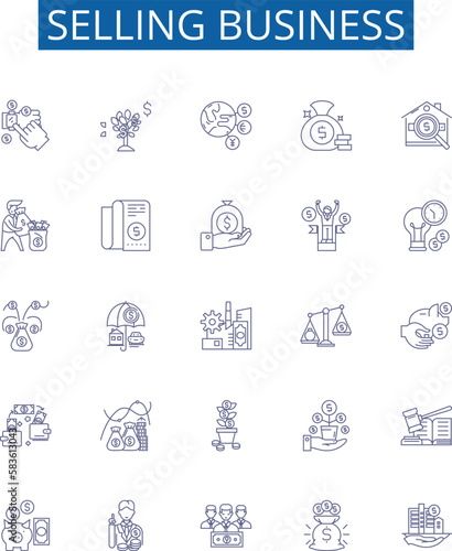Selling business line icons signs set. Design collection of Vending, Merchandising, Trading, Brokering, Marketing, Promoting, Auctioning, Retailing outline concept vector illustrations