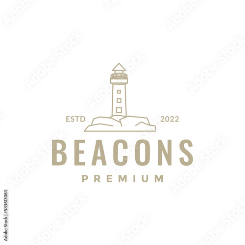 lighthouse beacons sea ocean light seashore line hipster logo design vector