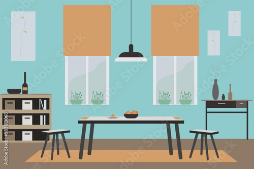 Modern interior of the living room with furniture. Flat vector illustration, eps10.