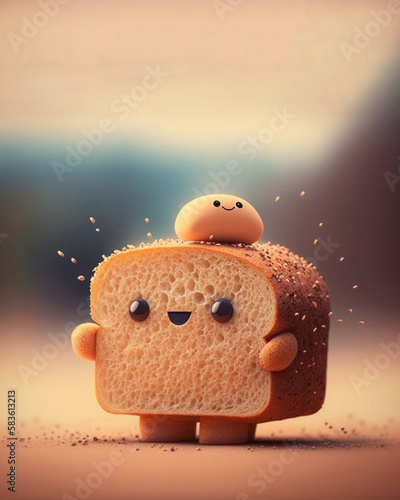 A friendly and cute cartoon style sesame seed bread with a small ball of butter on top. Children's breakfast. Generative AI illustration. photo