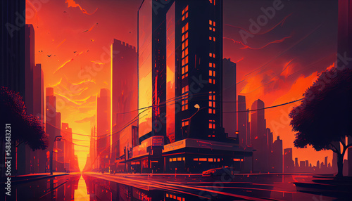 A fantastic sunset in a city without people. Generative AI illustration.