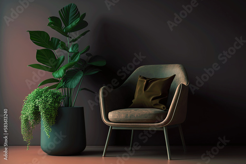 Chair with Plant in Trendy Vase, Artwork template mock up in interior design. View of modern style interior on a Wall Background