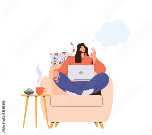 Young woman planning dreaming thinking while sitting with laptop computer on armchair at home