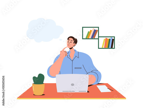 Thoughtful worried business man freelancer sitting front of laptop computer at home office