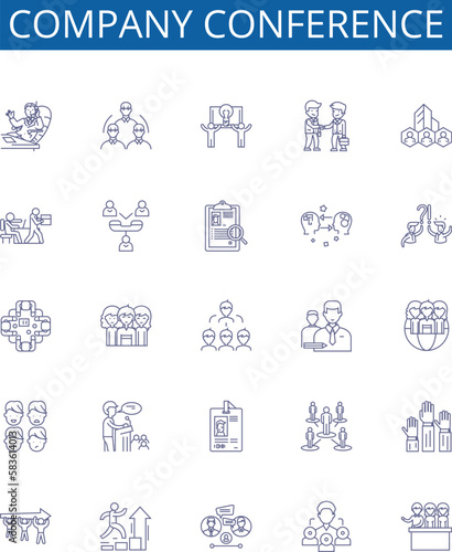 Company conference line icons signs set. Design collection of Convention, Event, Forum, Meeting, Gathering, Seminar, Summit, Symposium outline concept vector illustrations