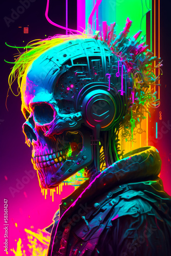 Skull wearing headphones and neon background with music notes on it. Generative AI.