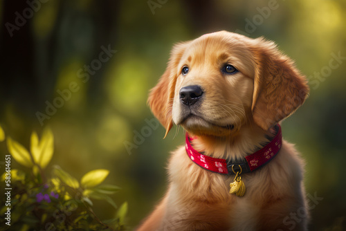 Close up of dog's face with bush in the foreground. Generative AI.