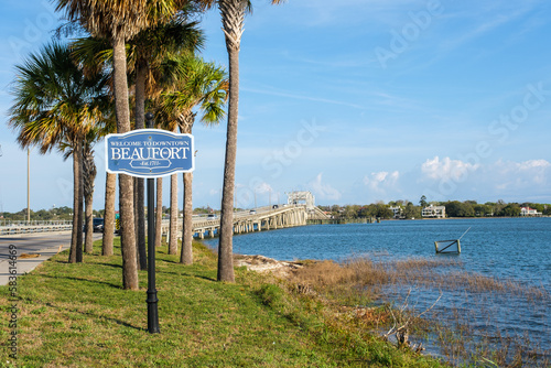 Beaufort, South Carolina welcome sign at the Woods Memorial Bridge and Beaufort River