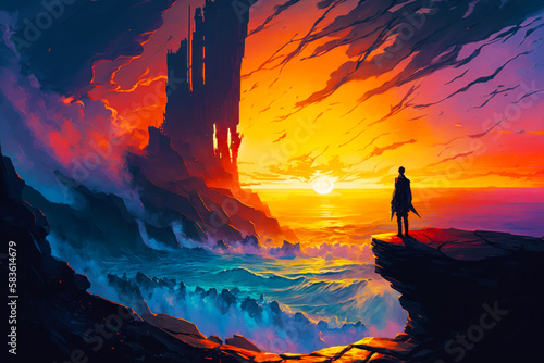 man standing on top of cliff looking at sunset. Generative AI. © valentyn640