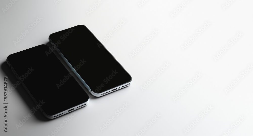 Black phones on a white table, mockup. Generative AI Black phones on a white table, mockup. Generative AI