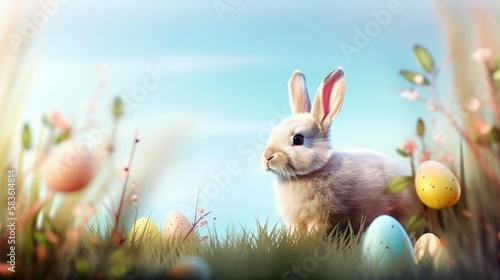 Easter bunny on spring background, Easter painted eggs, religion and holidays. Generative AI