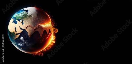 Planet earth view from space in fire and with glaciers, global warming. Generative AI.