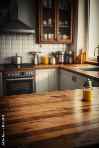 Jar of mustard sitting on top of wooden table in kitchen. Generative AI.