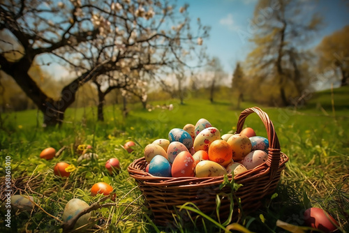Easter Egg Hunt: Painted Eggs in a Basket amidst Vibrant Blooms - Generative Ai