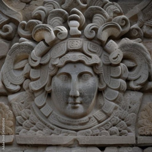sculpture, the face of an ancient goddess, carved from stone, dark texture, spain