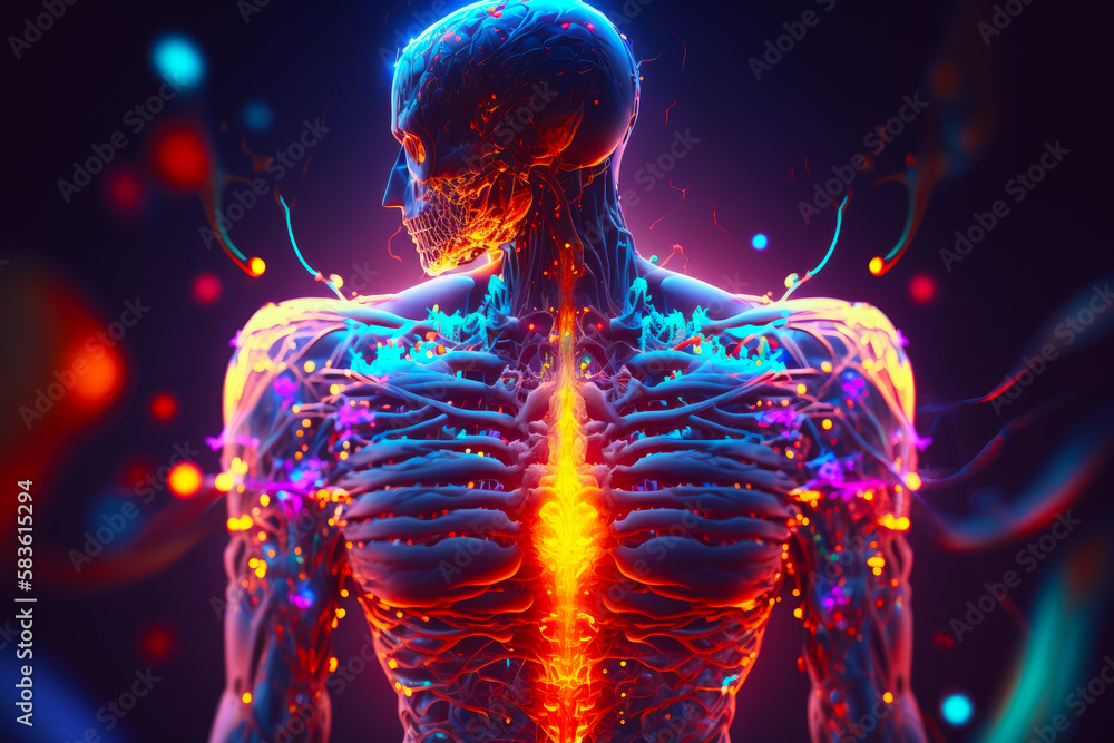 3d image of the back of man's body with glowing light coming out of it. Generative AI.