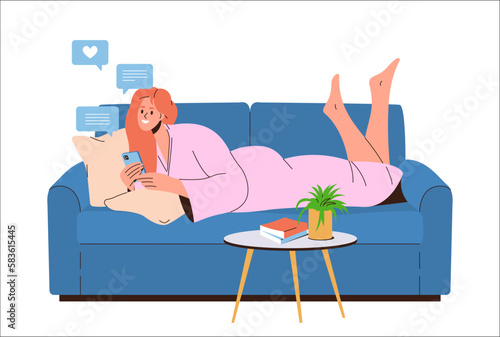 Young happy woman character texting message in mobile phone while rest lying on sofa at home