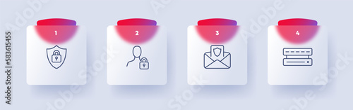 Infographic set icon. Identity protection, shield, lock, security, two factor verification, hacker, antivirus. Defense concept. Glassmorphism style. Vector line icon for Business and Advertising