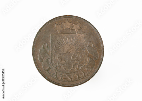 Two Latvian santimi coin (1932) isolated on white background