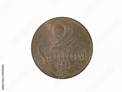 Two Latvian santimi coin (1932) isolated on white background