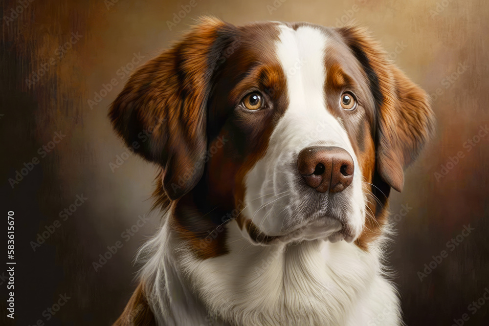 Close up of dog's face with brown and white background. Generative AI.